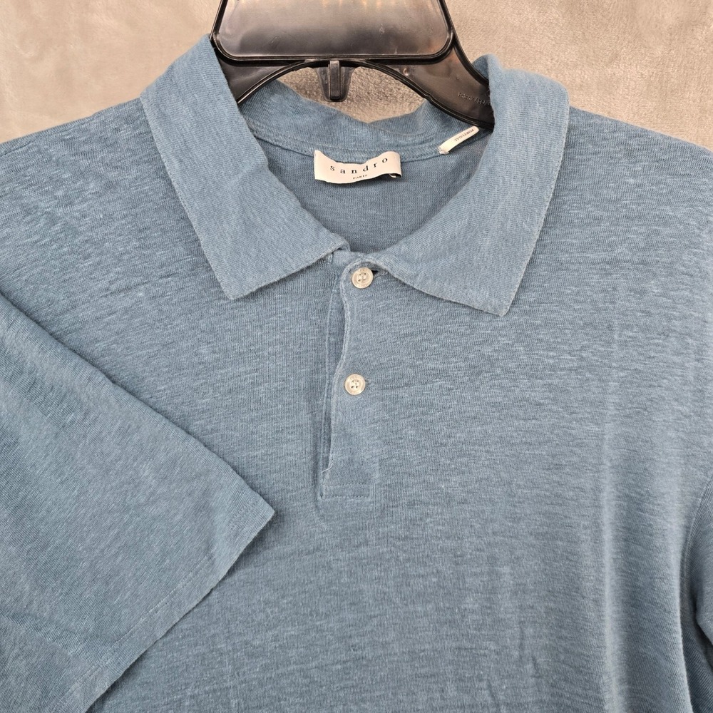 Sandro Polo‎ Shirt Men XL Blue Linen Blend Short Sleeve Slub Knit